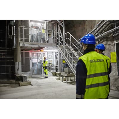 An elevator at 1054 meters below the surface, for transporting miners to Garpenberg’s underground operation.