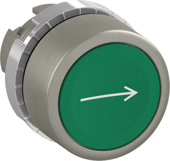 Bouton-poussoir plat vert "->", métal, à action momentannée, non éclairable