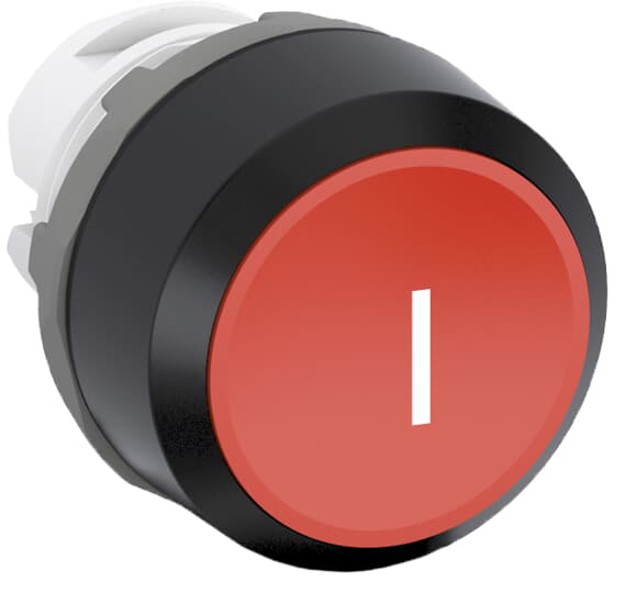 Bouton-poussoir étiqueté, rouge, à pression plate, cadre frontal noir