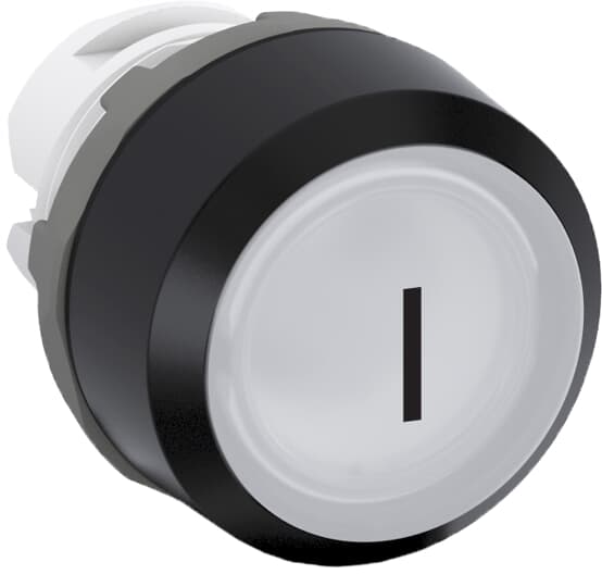 Bouton-poussoir étiqueté, blanc, à actionnement plat, avec bague frontale noire
