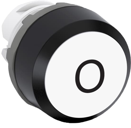 Bouton poussoir marqué, blanc, à pression plate, avec cerclage noir
