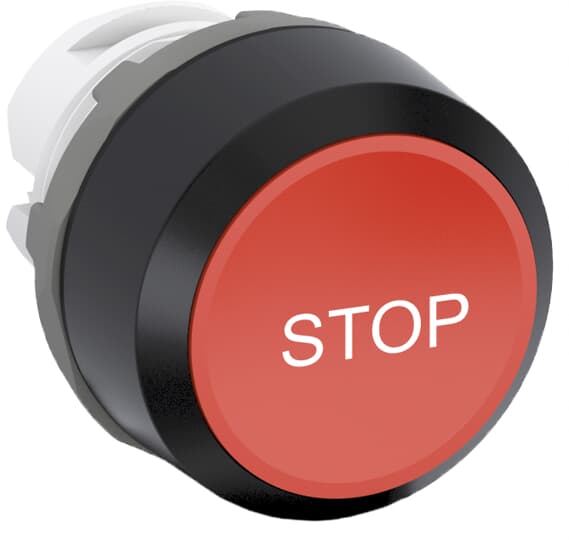 Bouton poussoir étiqueté, rouge, plat-pression, bague avant noire