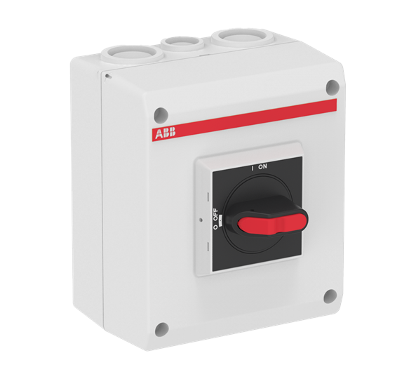 Plastkapslad säkerhetsbrytare EMC 3-polig 7,5 kW/16A/400V med svart vred och ljusgrå kapsling. 1NO hjälpkontakt, IP65