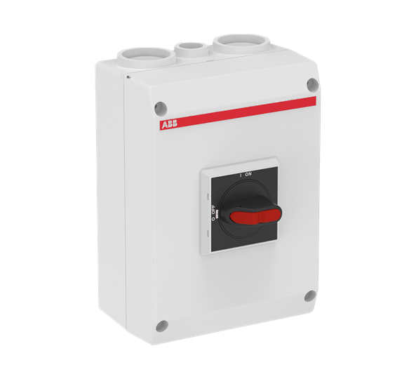 Plastkapslad säkerhetsbrytare EMC 3-polig 15 kW/30A/400V med svart vred och ljusgrå kapsling. 1NO hjälpkontakt, IP65