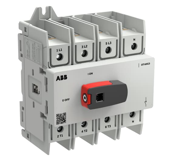 Interrupteur de charge OT Plus 60 A, taille de construction G3, 4 pôles, 4e pôle à droite, 1SCA162546R1001
