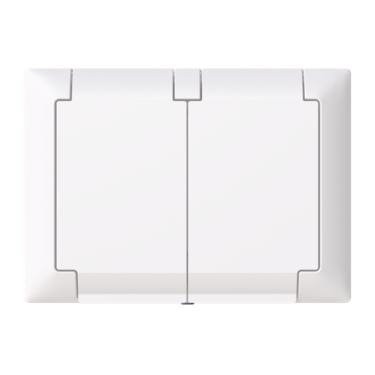 2-vägs vägguttag SAGA med lock. Biocirkulär plast används i centrumplatta och lock. Beröringsskyddad uttagsinsats.