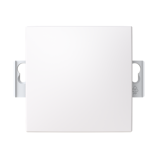 Blindlock SAGA som passar för 85 mm täckramar. Täckplåten har ingen synlig fästskruv i mitten.