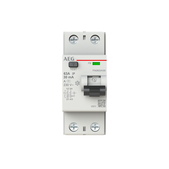 Fehlerstrom-Schutzschalter 2P Typ A 63 A, 30 mA, 2 TE