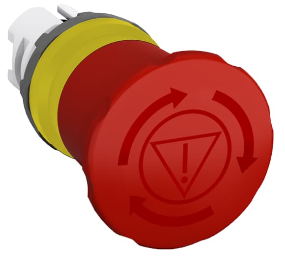 Bouton d'arrêt d'urgence, tête rouge D=40mm déverrouillage tournant, impression blanche symbole d'arrêt d'urgence