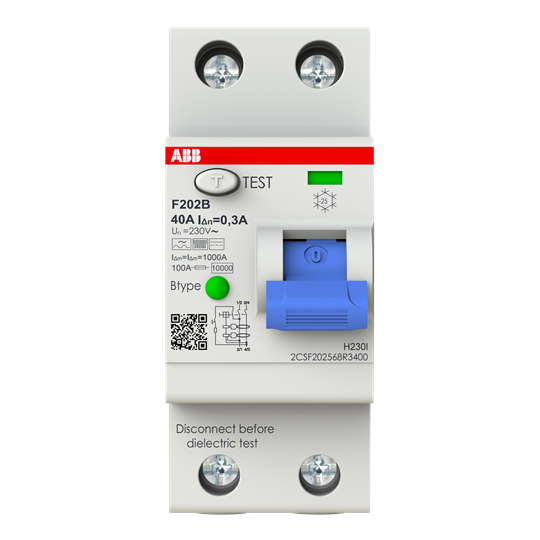 Interrupteur FI Type B 2P, 40A, 300mA, 3kA, 2TE, tous courants sensibles, temporisé court
