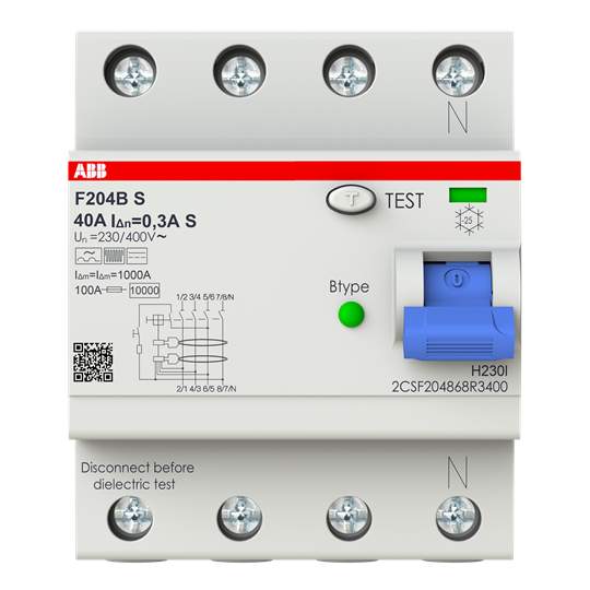 Disjoncteur de protection FI Type B 4P, 40A, 300mA, 5kA, 4TE toute sensibilité, sélectif