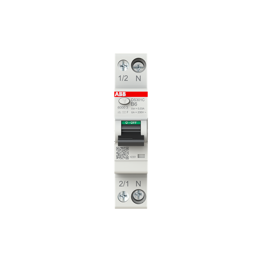 Disjoncteur FI/LS Type F sensible aux fréquences mixtes 30 mA, 6 kA, 1P+N, caractère B, 6 A