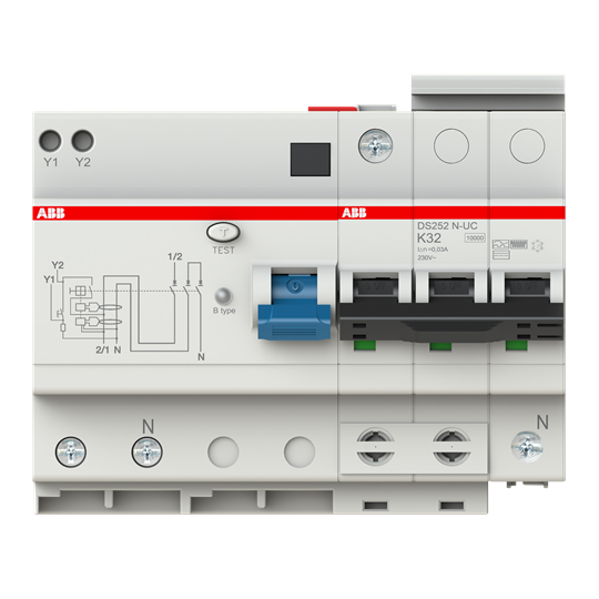 Combinaison FI/LS, Type B, 10 kA, 2P/N-UC, K 32 A, 30 mA, sensible à tous les courants,