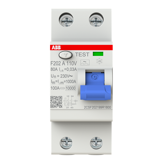 Disjoncteur différentiel de type A 110V RCCB, 2P, 80A, 30mA, pour réseau 110V AC 2CSF202199R1800