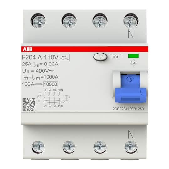 Interrupteur différentiel type A 110V RCCB, 4P, 25A, 30mA, pour réseau AC 110V 2CSF204199R1250