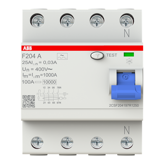 Disjoncteur différentiel 4P, Type A, 25A, 30mA, 400Hz 2CSF204197R1250